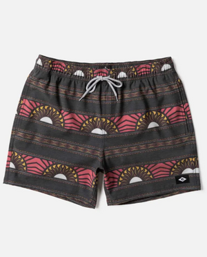 The Rip Curl Party Pack Volley swim trunks for men feature quick-dry fabric and a drawstring waist, with a geometric pattern of red, yellow, and white semi-circles and lines on a dark background.
