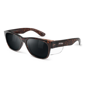 The SafeStyle Classics sunglasses come with a brown tort frame, dark polarised lenses for enhanced UV protection, and feature a signature on the arm.