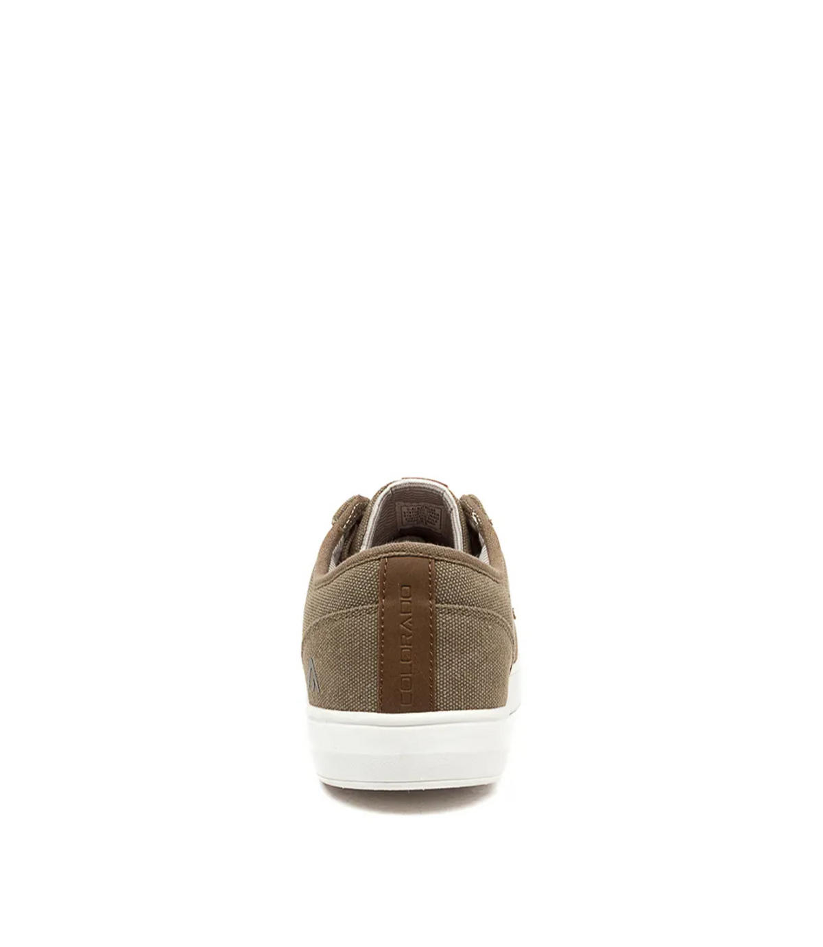 The Colorado Albatross Canvas Sneaker is a brown, wide-fit casual shoe with a white sole, brown heel pull tab, and comfy memory foam cushioning, shown from the back on a white background.