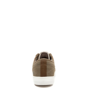 The Colorado Albatross Canvas Sneaker is a brown, wide-fit casual shoe with a white sole, brown heel pull tab, and comfy memory foam cushioning, shown from the back on a white background.