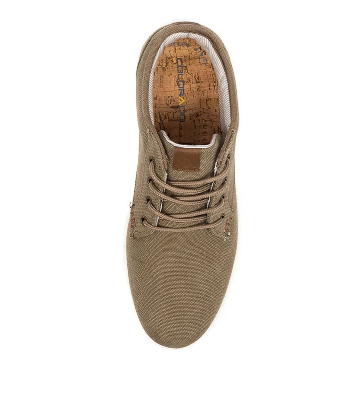 Top view of a single Colorado Albatross Canvas Sneaker in brown wide fit, featuring a patterned cork insole, memory foam cushioning, and a white rubber sole on a white background.