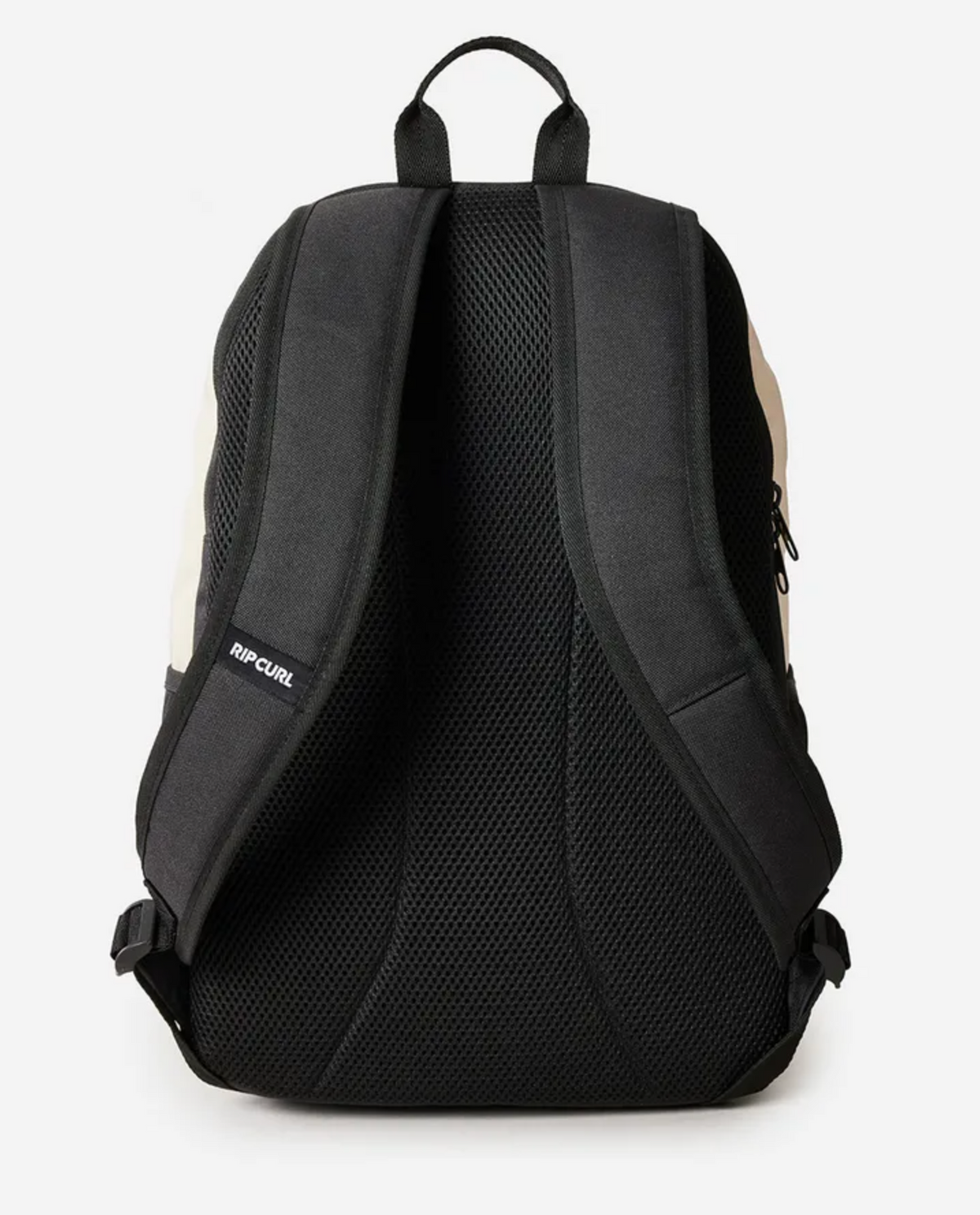 The Rip Curl Ozone 2.0 30L Backpack in black is made from recycled polyester and features padded, mesh-lined shoulder straps. It includes a discreet "RIP CURL" label on one strap, buckle adjustments at the bottom, and a convenient laptop section for essentials.