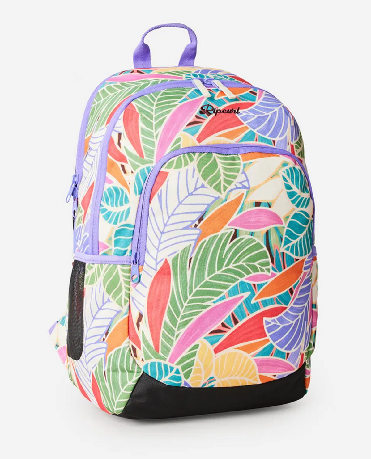 The Rip Curl Ozone 2.0 30L Backpack is made from recycled polyester with a vibrant tropical leaf print in green, pink, orange, purple, and blue. It features purple zippers and trim, a black bottom, front pocket, and padded laptop section.