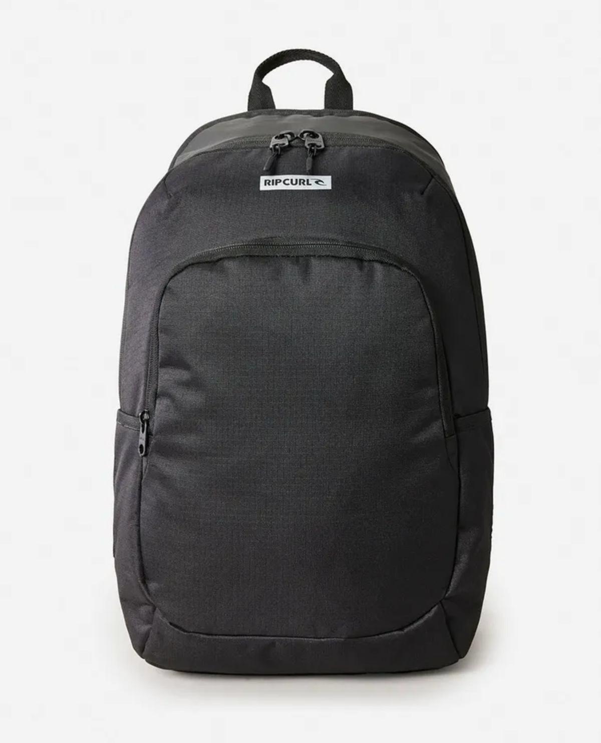 The Rip Curl Ozone Icons 30L Backpack in black, made from recycled polyester, includes organizer pockets, a front pocket, side pockets, and a main compartment. It features the logo prominently near the top and is styled against a white background for a blend of sustainability and functionality.