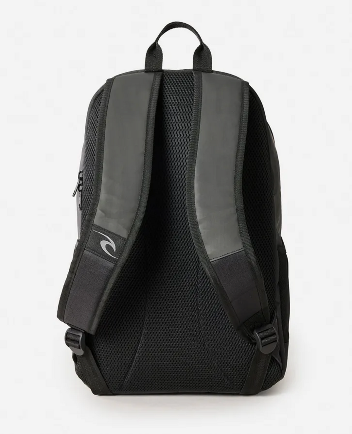 The Rip Curl Ozone Icons 30L Backpack in black and gray is shown from the back, featuring padded shoulder straps, a top handle, and a mesh-padded back panel for ventilation. A curved logo is visible on the left strap, and the interior includes organizer pockets for easy storage.