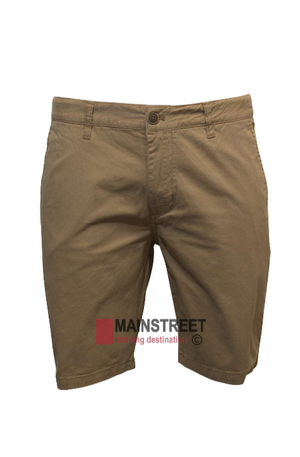 The Hechter Lucas Stretch Cotton Short is a light brown, knee-length short with belt loops and a button closure for comfort. Shown on a white background with the MAINSTREET Clothing Destination logo at the bottom center.