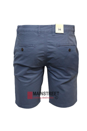 Hechter Lucas Stretch Cotton Short in blue, shown from the back with two buttoned welt pockets for comfort. Size tag "36" on the waistband. "Mainstreet clothing destination" logo displayed at the bottom.
