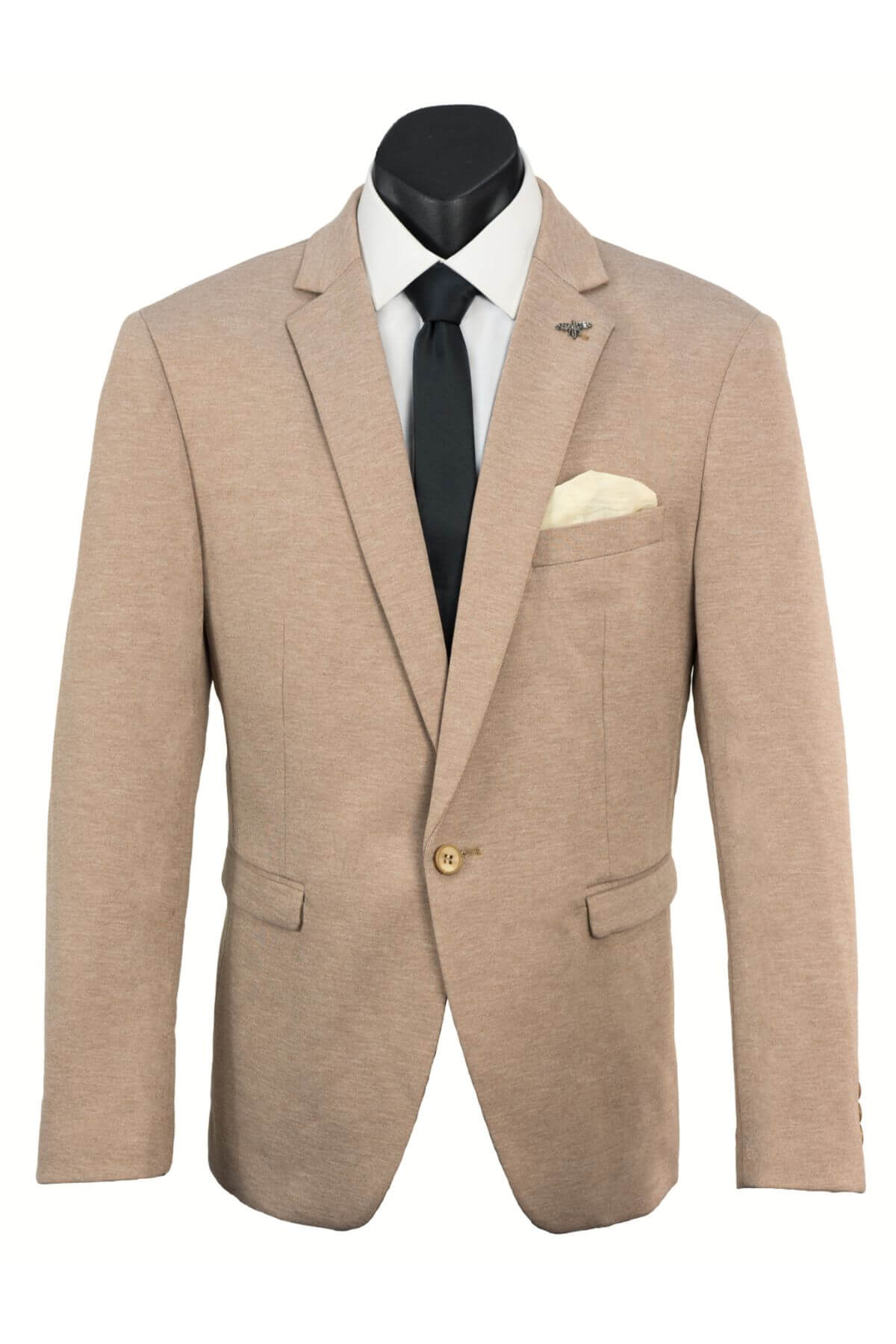 The Scuzzatti Stretch Slim Fit Sports Jacket in beige features a single-button notch lapel and lightweight stretch fabric, styled with a white dress shirt, black tie, and cream pocket square on a black mannequin torso.