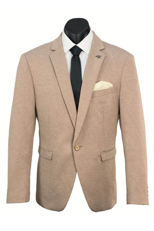 The Scuzzatti Stretch Slim Fit Sports Jacket in beige features a single-button notch lapel and lightweight stretch fabric, styled with a white dress shirt, black tie, and cream pocket square on a black mannequin torso.