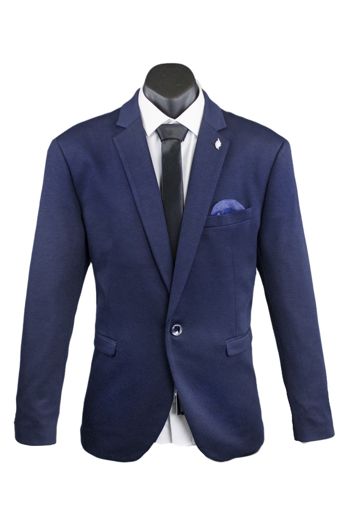 The mannequin dons a navy Scuzzatti Stretch Slim Fit Sports Jacket, featuring a single-button notch lapel, adorned with a pin. Paired with a white dress shirt and black tie, it includes a matching blue pocket square, all made from lightweight stretch fabric for ultimate comfort.