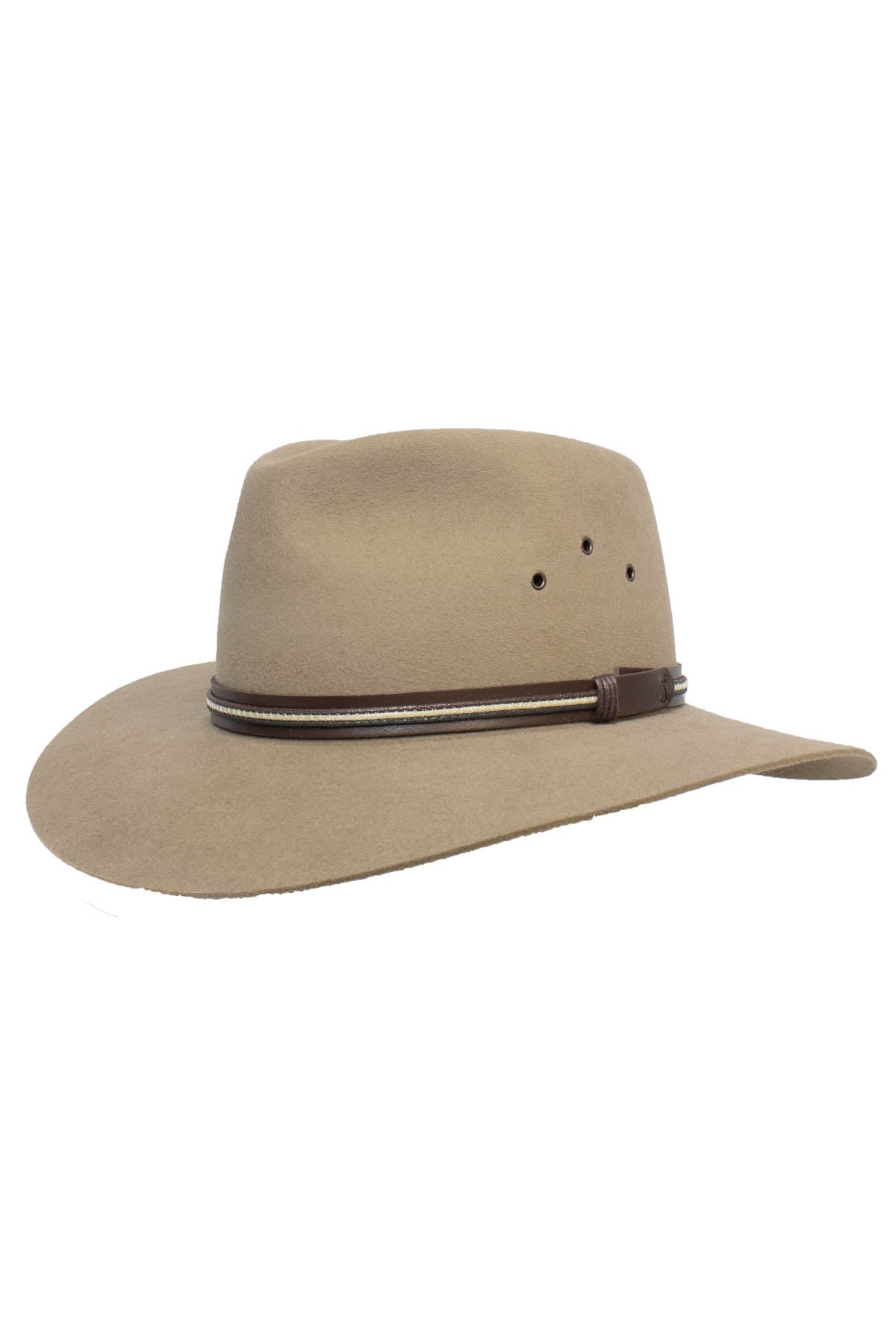The Sovereign Cattleman is a classic tan cattleman hat crafted from rabbit fur felt, featuring a brown leather hat band around the crown and small ventilation holes on the side.