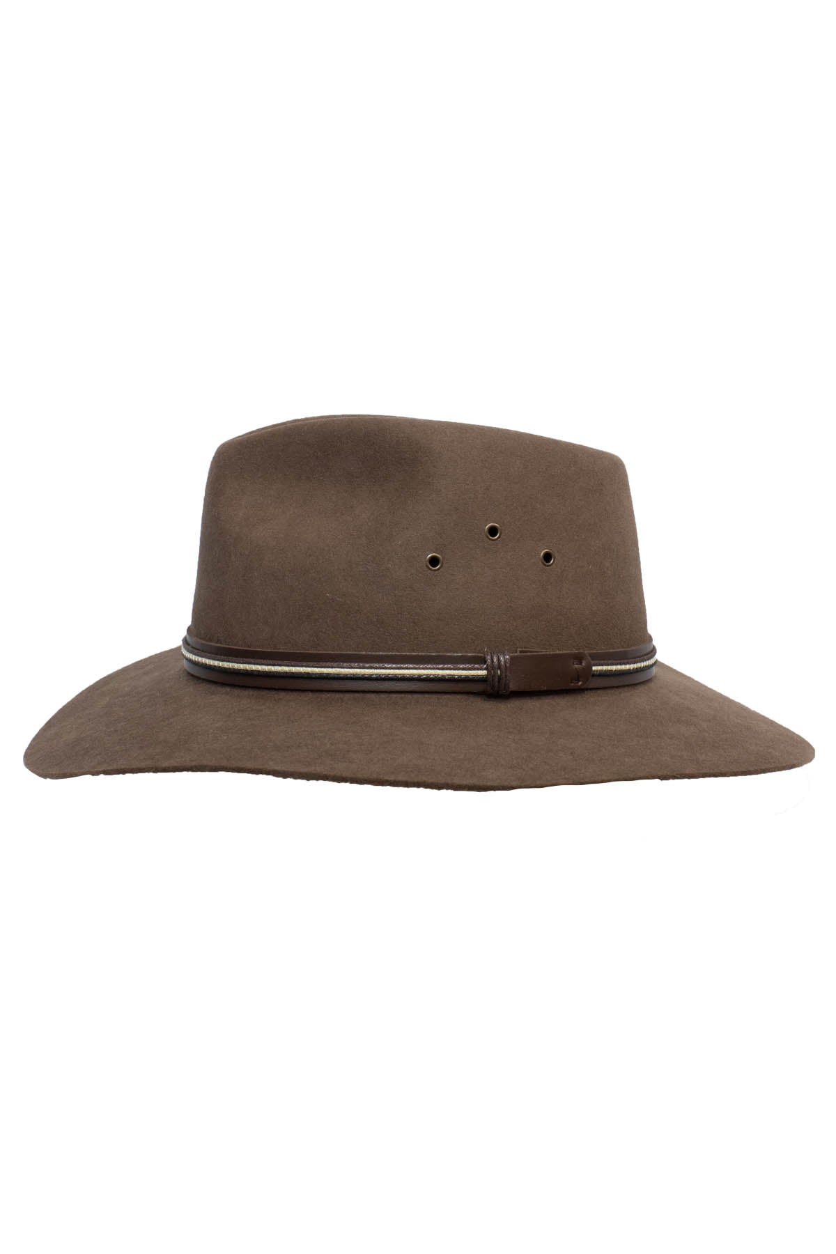 The Sovereign Cattleman is a brown wide-brimmed fedora hat made from rabbit fur felt, featuring a dark leather hat band around the crown and three small ventilation holes on each side.