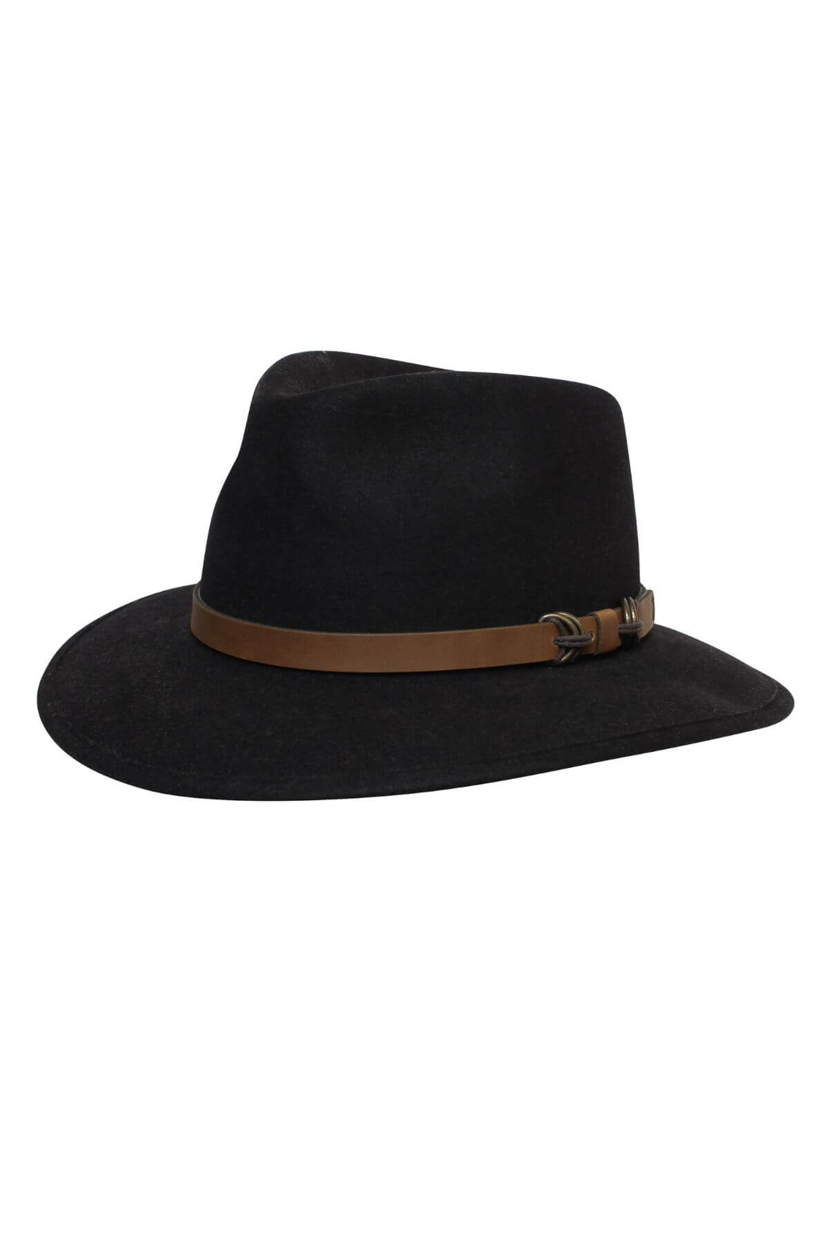 The Sovereign Traveller is a black hat with a wide brim and a brown leather band, ideal for Australian travellers.
