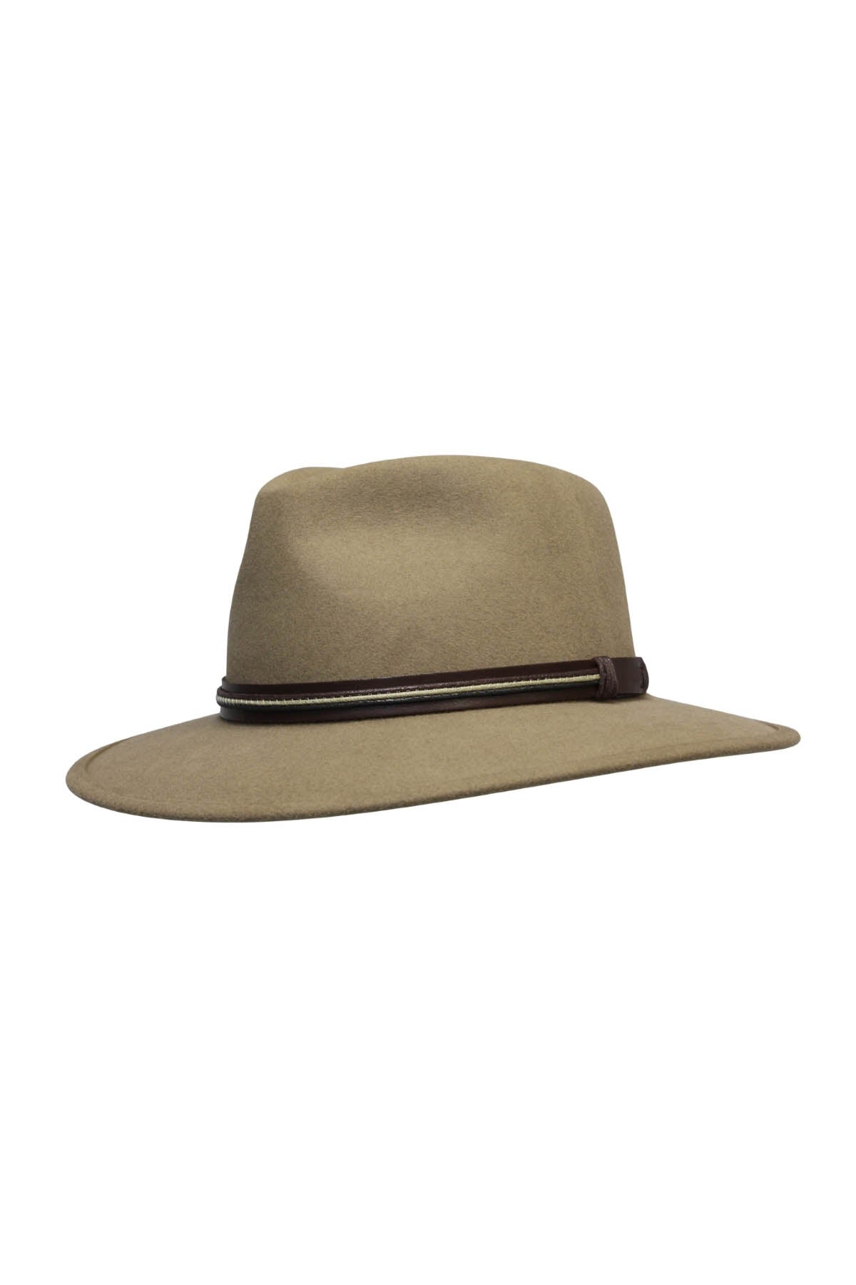 The Sovereign Traveller is a light brown wide-brimmed felt fedora with a dark brown leather band, ideal for Australian travellers. Shown on a white background.
