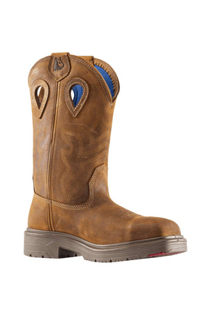 The Steel Blue Blue Heeler Soft Toe Boot is a brown cowboy boot with intricate stitching, pull holes near the top, and a sturdy slip- and oil-resistant sole. It showcases traditional Western style enhanced by decorative shaft designs.