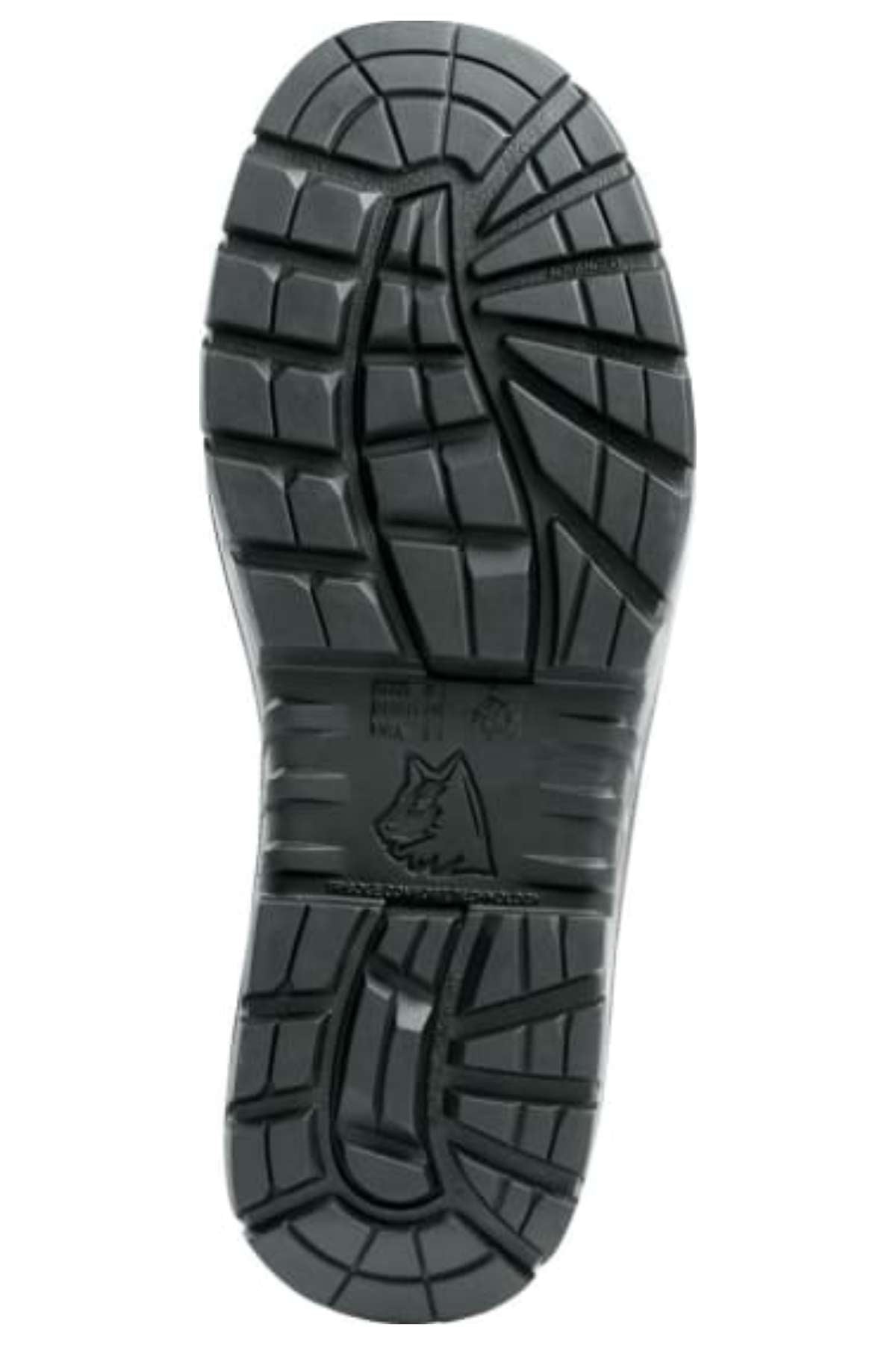 The image displays the sole of a Black Steel Blue Blue Heeler Soft Toe Boot with a complex tread pattern for enhanced grip. Its slip- and oil-resistant design features geometric shapes for durability, with a small wolf logo near the arch adding style. The boot is waterproof for all-weather use.