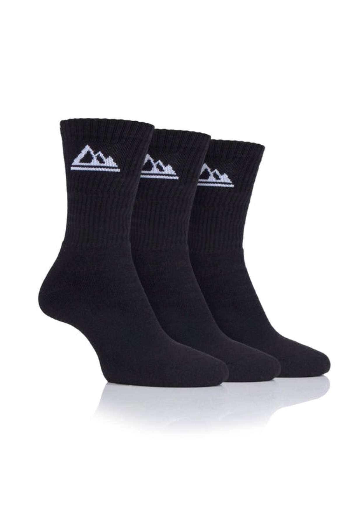 Three socks from the Storm Bloc 3 Pack Crew Cushion Sock collection, each in black with a white mountain logo, are presented side by side against a white background. These socks feature ribbed ankles and heavy cushioned soles, offering a minimalist, sporty design ideal for outdoor activities.