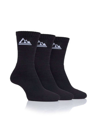 Three socks from the Storm Bloc 3 Pack Crew Cushion Sock collection, each in black with a white mountain logo, are presented side by side against a white background. These socks feature ribbed ankles and heavy cushioned soles, offering a minimalist, sporty design ideal for outdoor activities.