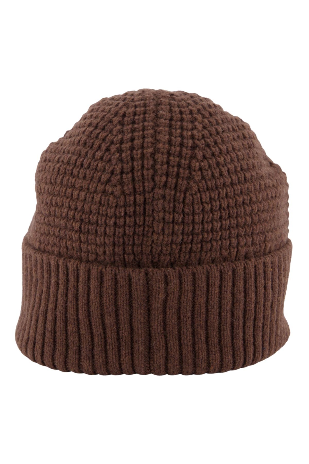 A brown Swanndri Newton Beanie with a ribbed folded brim and classic knit is displayed against a plain white background.