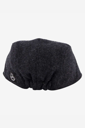 The dark gray wool-blend beret, with stitching details and a logo tag, has a gathered back section for texture. It's ideal for outdoor adventures or accentuating your Swanndri Bristol Flat Cap collection with its simple, elegant style.