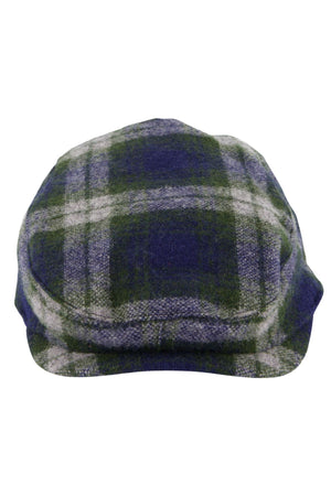 The Swanndri Bristol Flat Cap in green, blue, and gray Teddington Check merino wool is shown from the front on a white background.