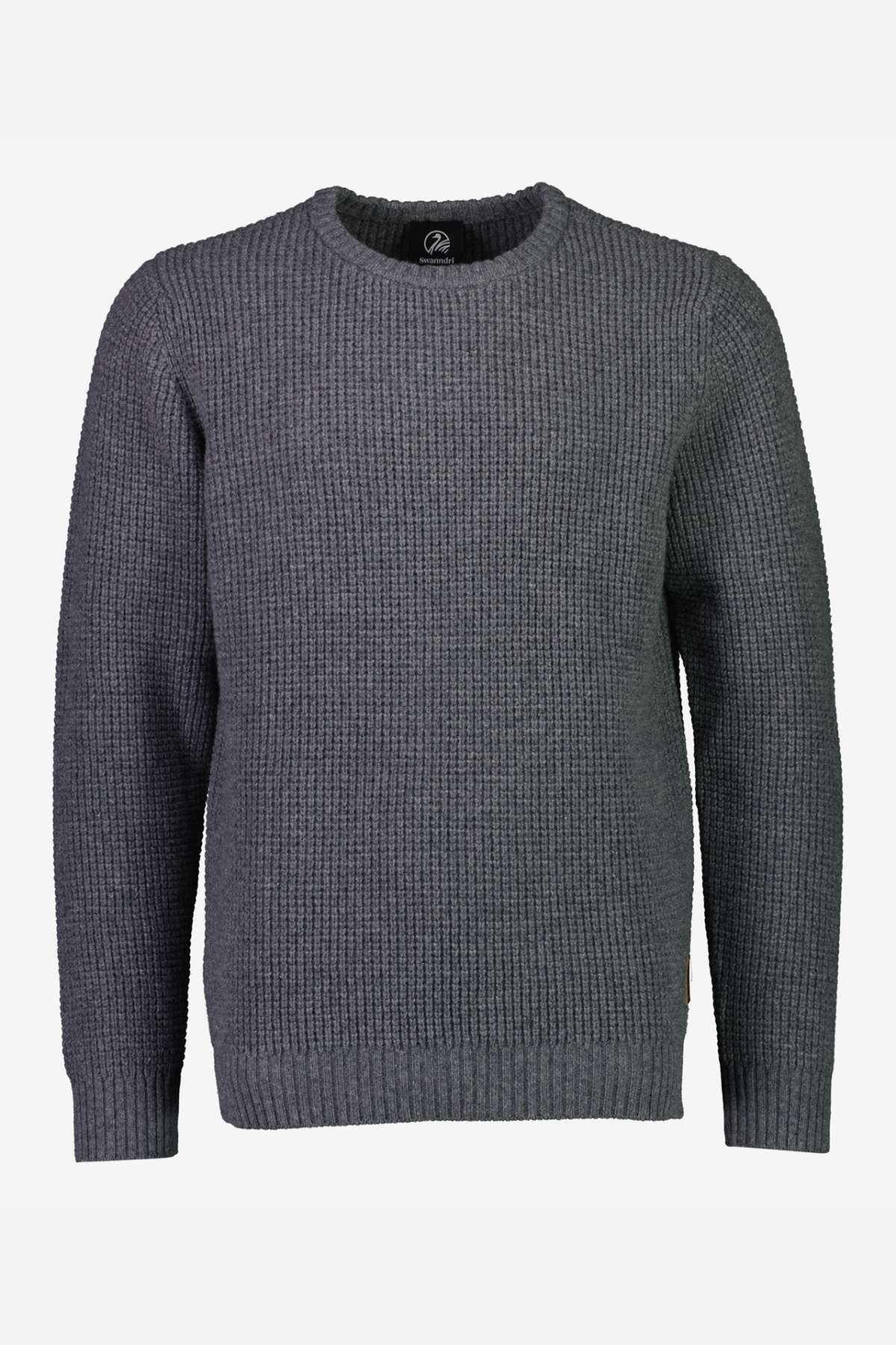 The Swanndri Fistral Waffle Knit is a cozy gray sweater featuring a ribbed pattern, long sleeves, and crew neckline, showcased against a plain white background.
