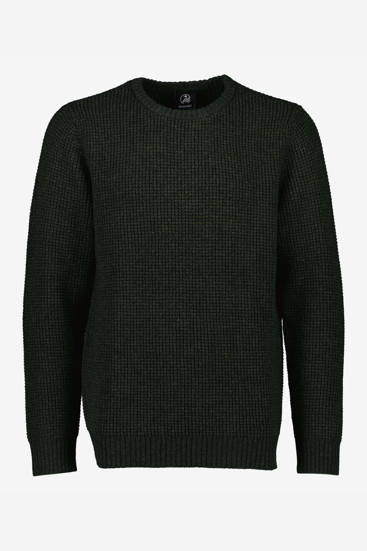 The Swanndri Fistral Waffle Knit, a dark green, long-sleeve sweater with a crew neckline, is displayed against a plain white background. This cozy knit sweater features a textured waffle pattern and ribbing at the cuffs, hem, and collar.