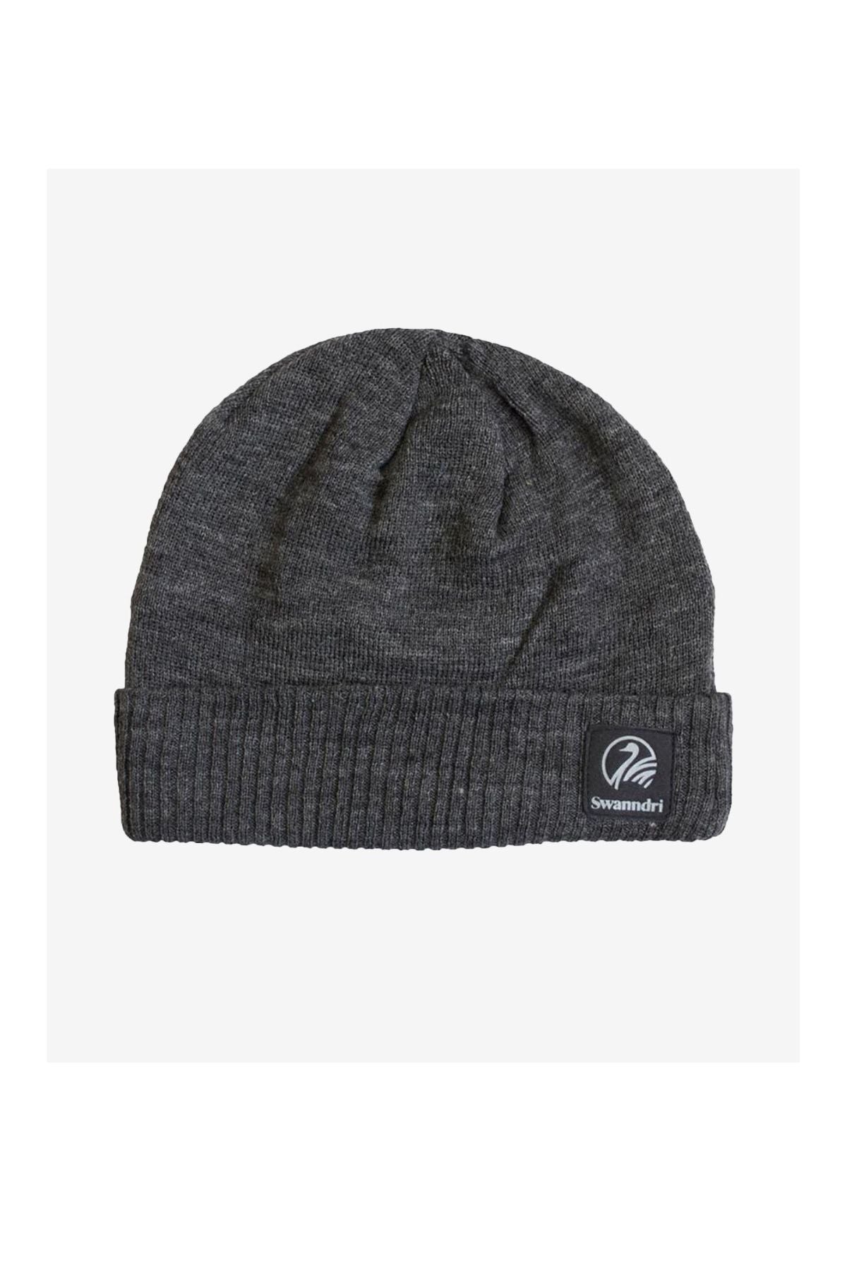 The Swanndri Grafton Beanie is a dark gray knit wool hat with a folded brim and a small black and white rectangular Swandri logo patch on the front right side, shown against a plain white background.