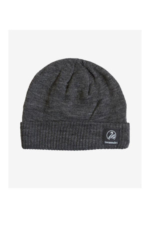 The Swanndri Grafton Beanie is a dark gray knit wool hat with a folded brim and a small black and white rectangular Swandri logo patch on the front right side, shown against a plain white background.