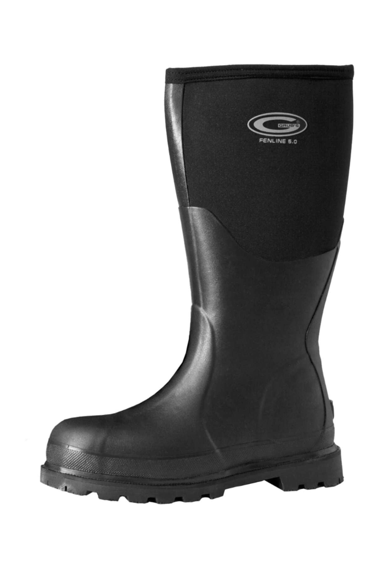 Introducing the Grubs Fenline High Work Boot: a single black waterproof boot designed for heavy-duty use, featuring a thick rubber sole with deep treads for superior grip. The neoprene upper part displays a logo and the word "Insulated," indicating it's meant for cold weather conditions.