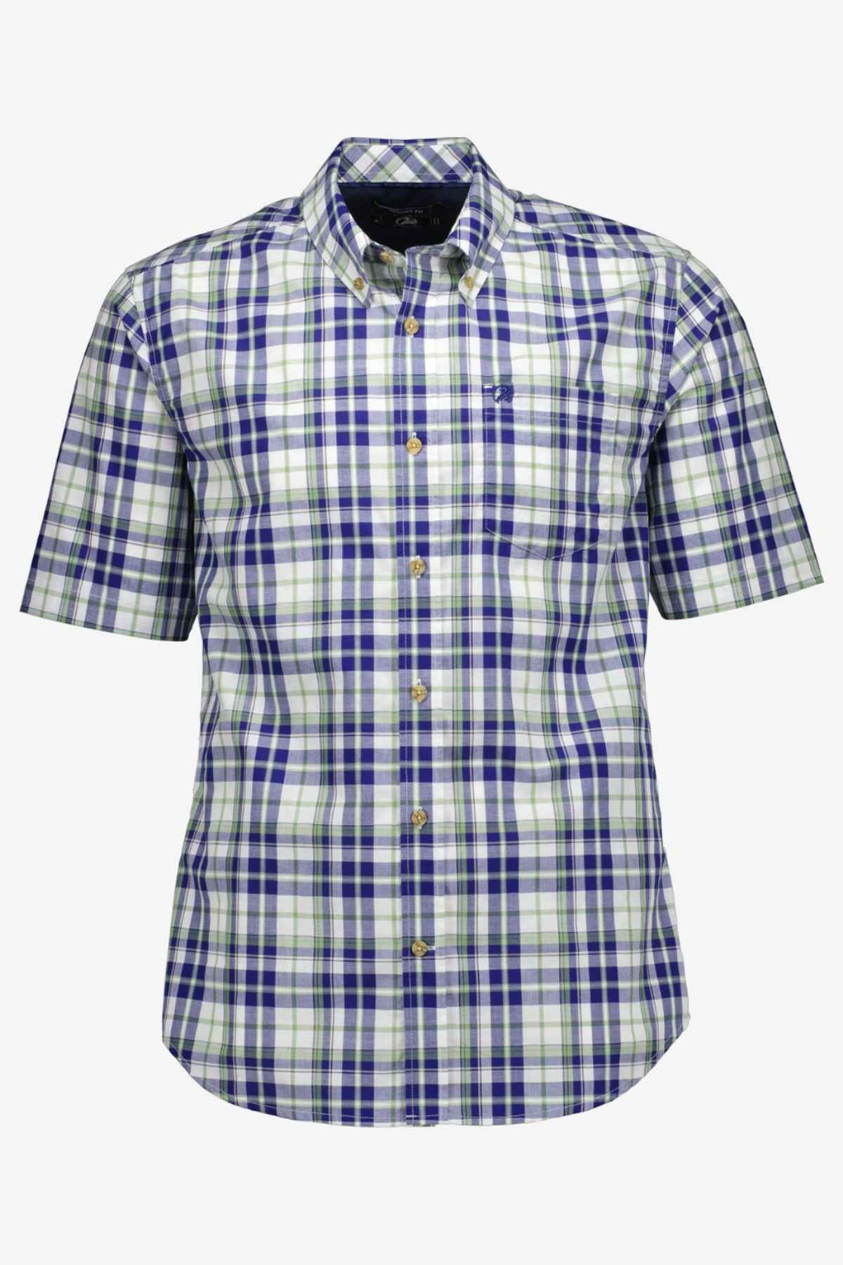 The Swanndri Herbert Short Sleeve Shirt is a button-up with a tailored fit, featuring a classic collar and a blue, green, and white plaid pattern. It includes a small embroidered logo on the left chest and is crafted from quality cotton for ultimate comfort.