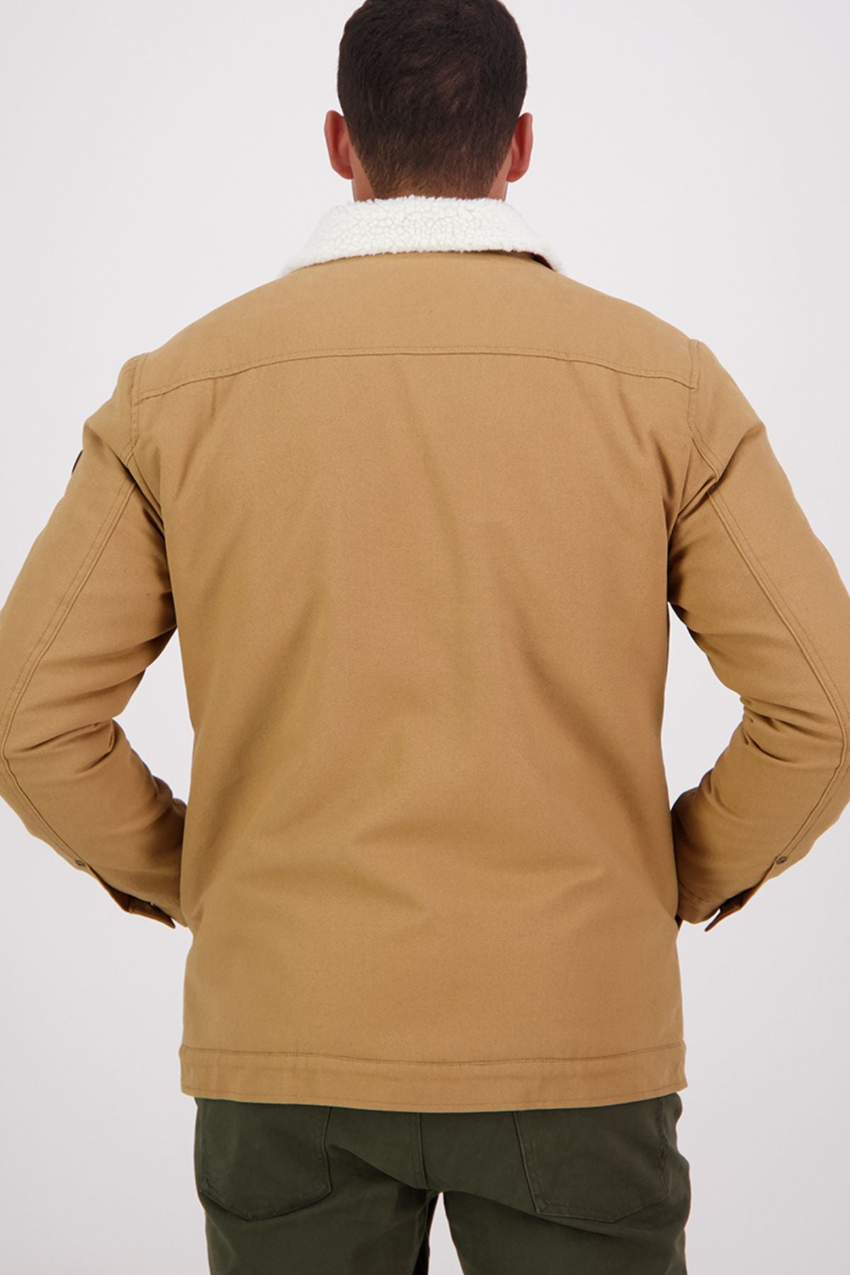 A person with short hair stands facing away, wearing the Swanndri Kaituna Canvas Jacket in tan with Sherpa lining and green pants against a plain light background.