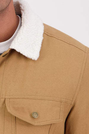 Close-up of the Swanndri Kaituna Canvas Jacket, featuring a white sherpa collar, brass chest pocket button, and a white shirt collar visible underneath. The image highlights the jacket’s upper left front detail.