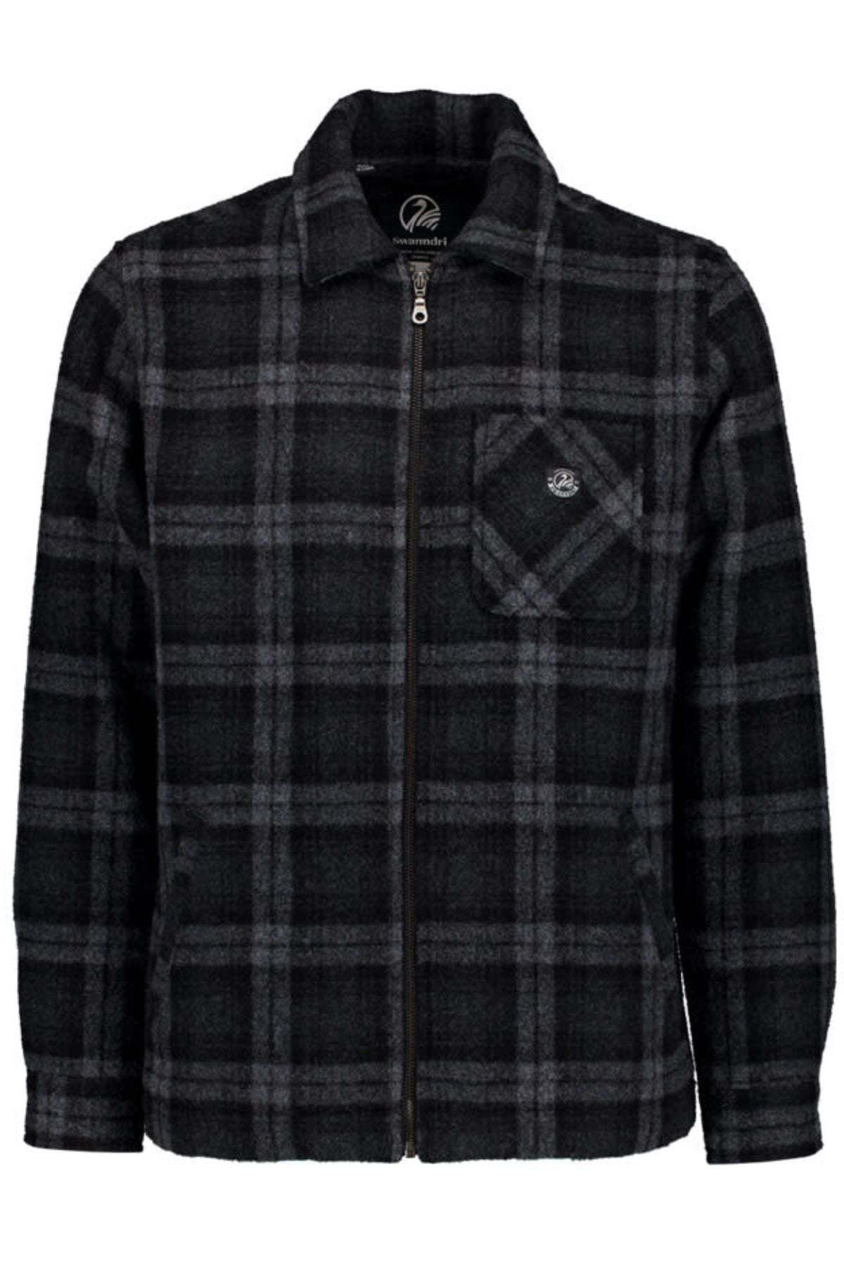 The Swanndri Northgate V2 Jacket is a black and dark grey plaid trucker-style jacket with a collar, single left chest pocket, and a small logo on the pocket.