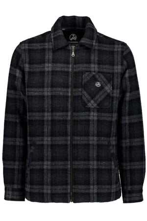 The Swanndri Northgate V2 Jacket is a black and dark grey plaid trucker-style jacket with a collar, single left chest pocket, and a small logo on the pocket.