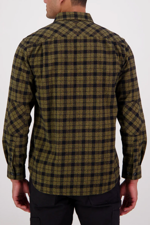 A man, seen from behind, wears the Swanndri Port Road Shirt—crafted from heavyweight cotton twill in an olive green and black yarn-dyed check—with long sleeves, a collar, buttoned cuffs, and black pants.
