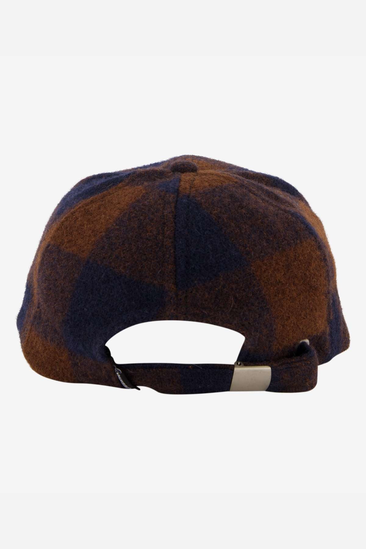 Rear view of a Swanndri Swanni Wool Check Baseball Cap, displaying a brown and dark blue pattern with an adjustable buckle for the perfect fit.