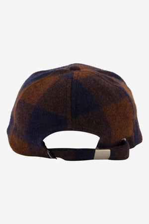 Rear view of a Swanndri Swanni Wool Check Baseball Cap, displaying a brown and dark blue pattern with an adjustable buckle for the perfect fit.