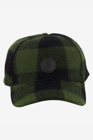 The Swanndri Swanni Wool Check Baseball Cap features a green and black checkered design, a round black front patch, and an adjustable fit for comfort, shown on a white background.