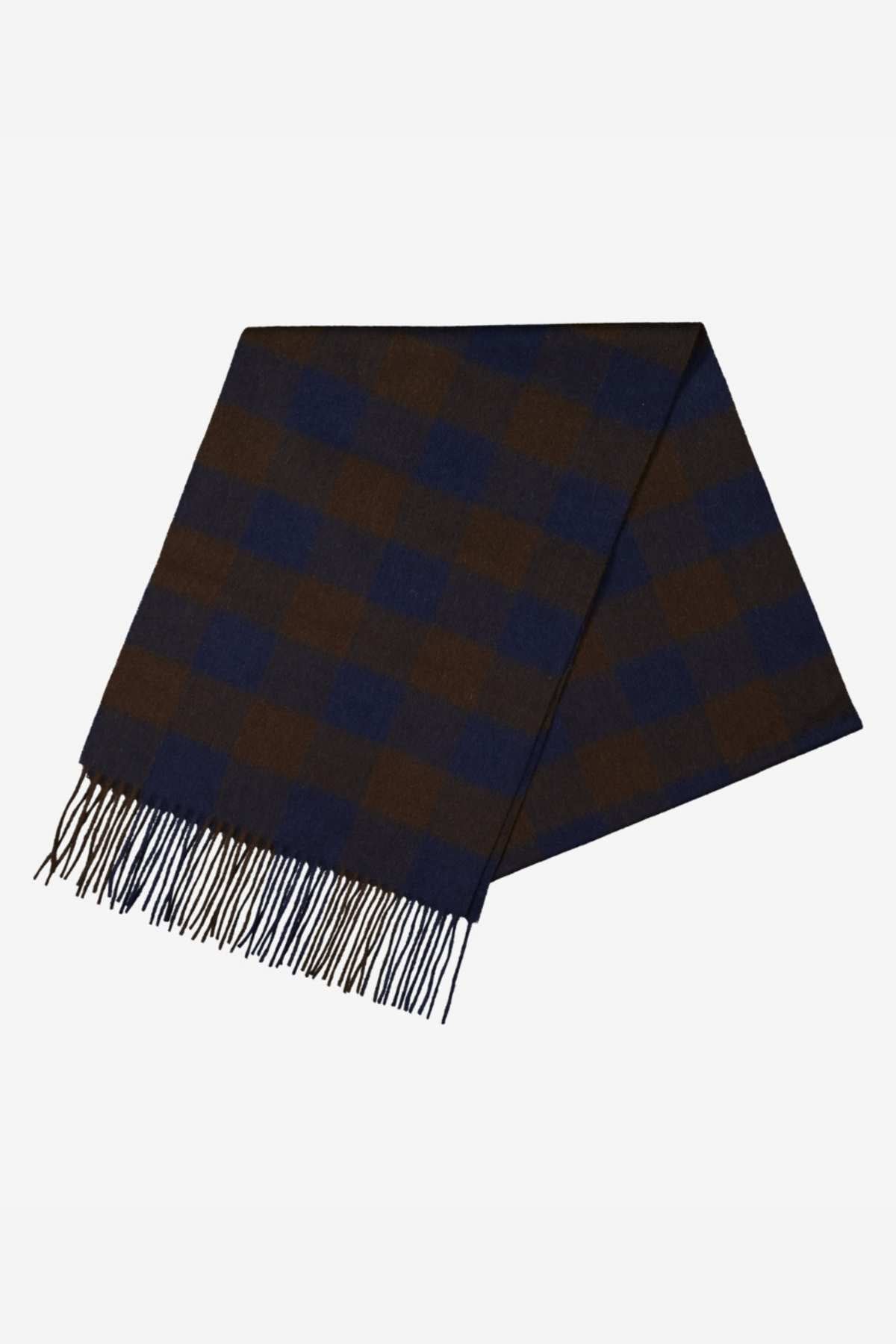 The Swanndri The Scarfie is a brushed wool scarf with a navy and brown checkered pattern and fringed ends, laid flat on a white background—an ideal cold weather accessory for warmth and comfort.