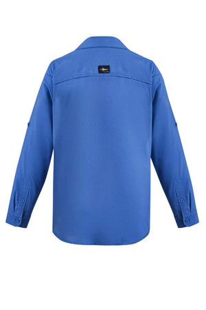 Back view of the Syzmik Long Sleeve Outdoor Shirt in bright blue with a Sun Breaker Collar. It has buttoned cuffs, breathable fabric, and a small black patch at the top center of the back.