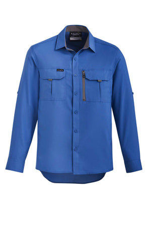The Syzmik Long Sleeve Outdoor Shirt in blue features a Sun Breaker Collar, button-up front, two chest pockets (one with flap and button closure, another with a vertical zipper), a pointed collar, and breathable fabric sleeves equipped with button tabs for easy rolling up.