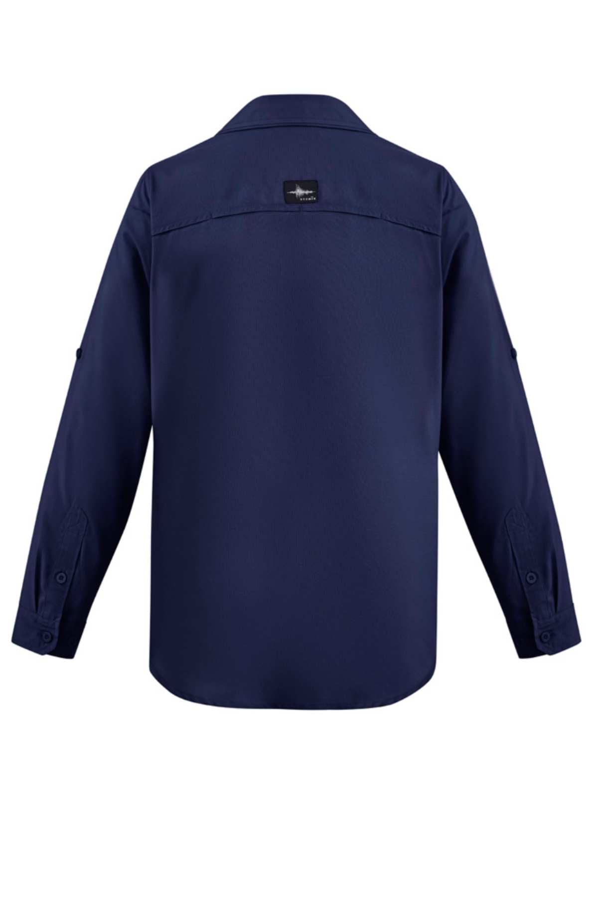 The Syzmik Long Sleeve Outdoor Shirt in navy blue is shown from the back, featuring a straight hem, buttoned cuffs, breathable fabric, and a small rectangular black label centered below the collar.