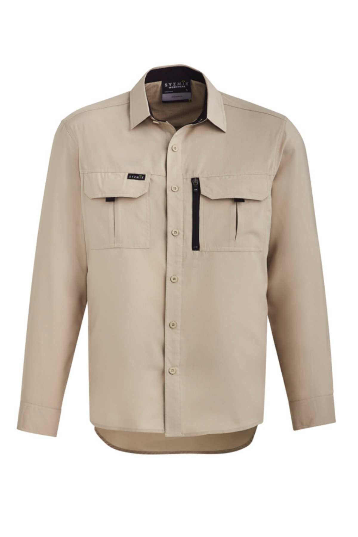 The Syzmik Long Sleeve Outdoor Shirt is a beige, relaxed-fit shirt with two chest pockets (one with a black zipper), a sun/wind breaker collar, and breathable fabricβideal for casual or outdoor use.