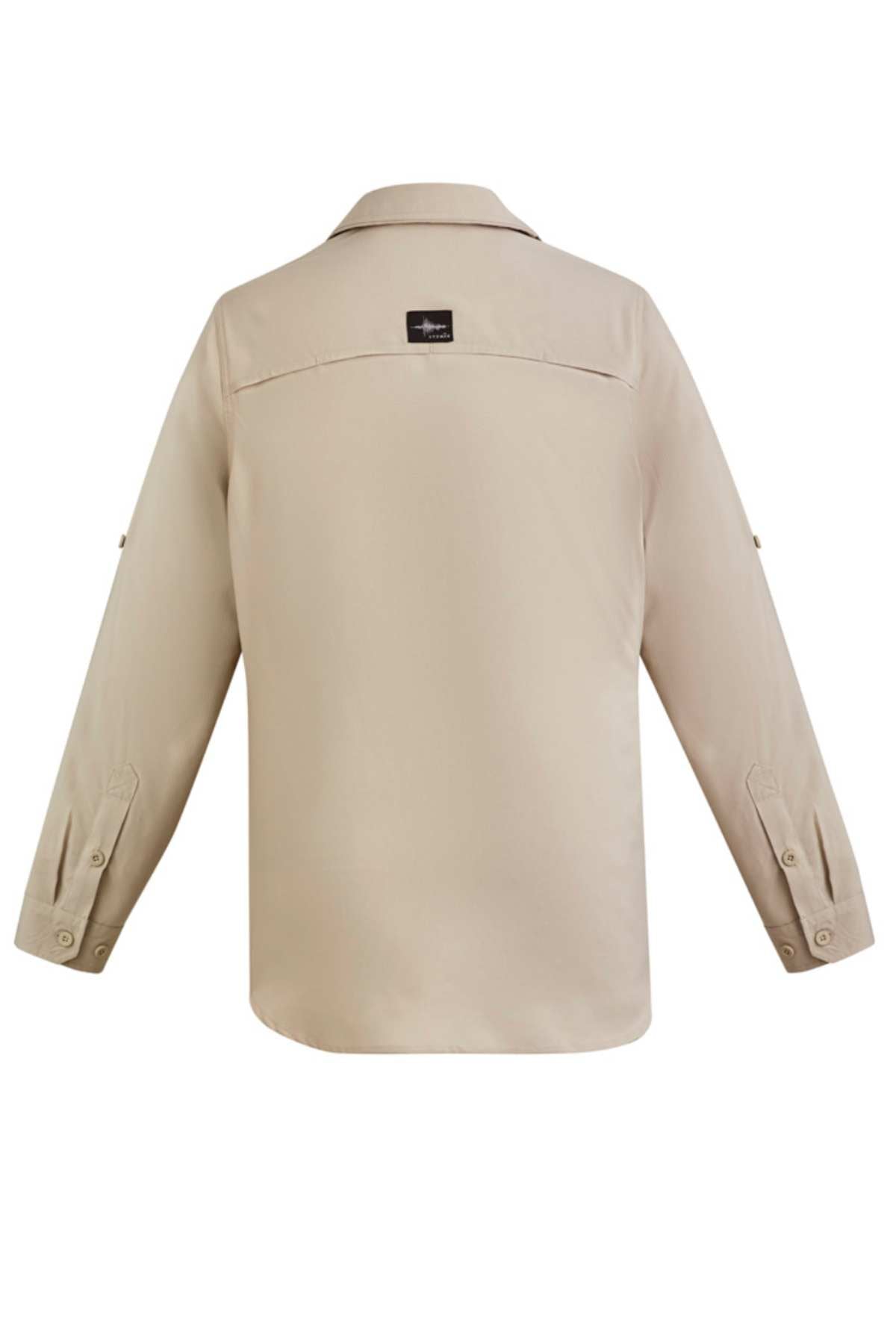 The Syzmik Long Sleeve Outdoor Shirt in beige is shown from the back, highlighting buttoned cuffs and a small black label below the collar. This lightweight shirt blends style and comfort for all your outdoor adventures.