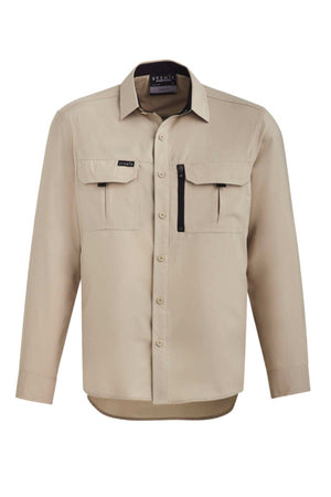The Syzmik Long Sleeve Outdoor Shirt is a beige, relaxed-fit shirt with two chest pockets (one with a black zipper), a sun/wind breaker collar, and breathable fabricβideal for casual or outdoor use.