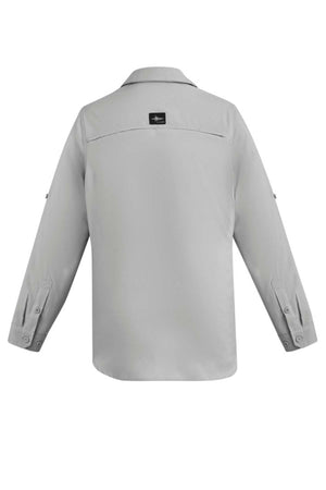 A rear view of the Syzmik Long Sleeve Outdoor Shirt in light gray showcases its breathable fabric, classic collar, buttoned cuffs, and a sun/wind breaker collar. It features a small black logo tag on the upper back with visible seam detailing on the shoulders and sleeves.