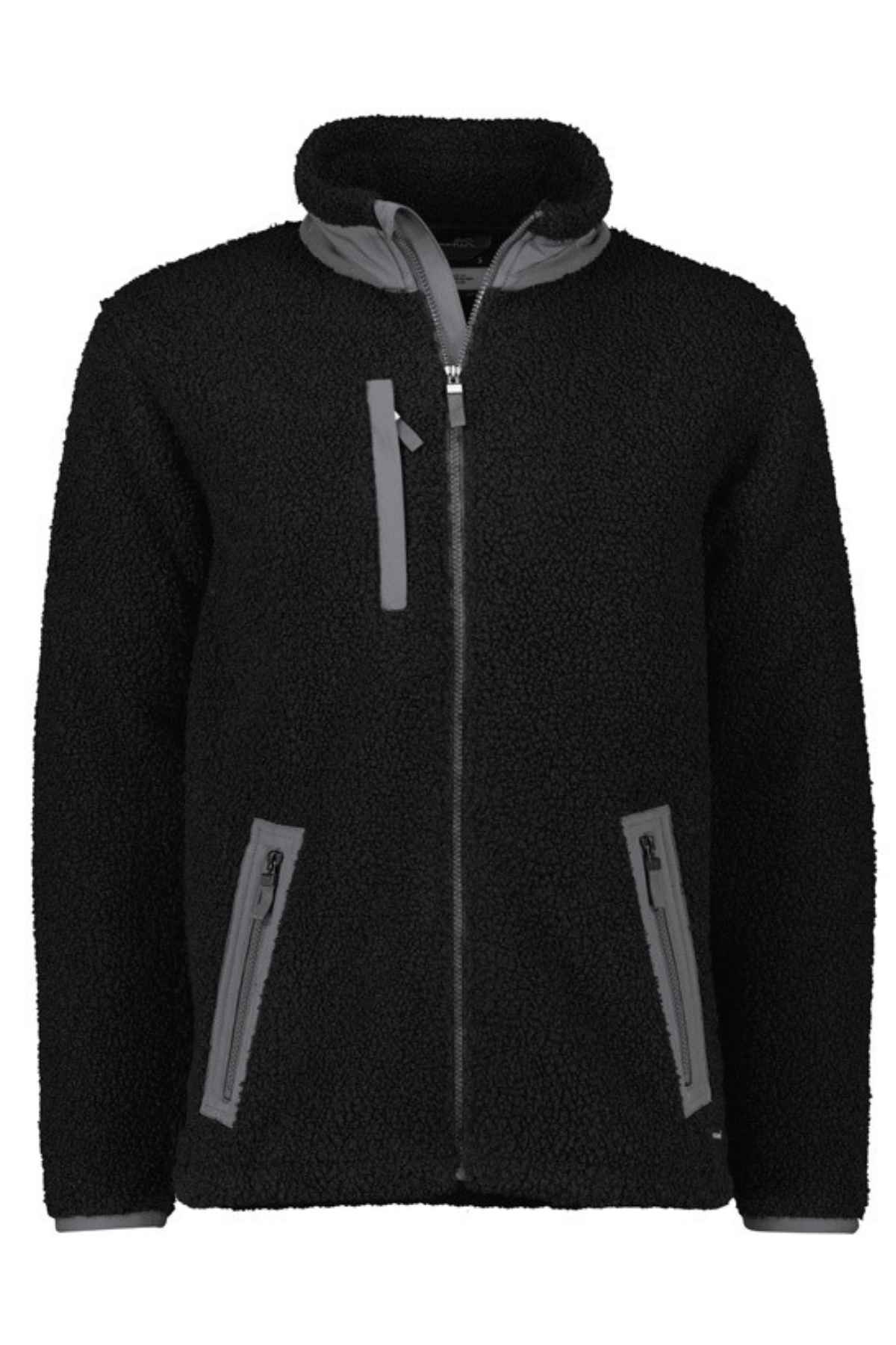 The Syzmik Streetworx Full Zip Sherpa Fleece is a black jacket featuring a full front zip, gray accents on the chest and side pocket zippers, and a high collar.