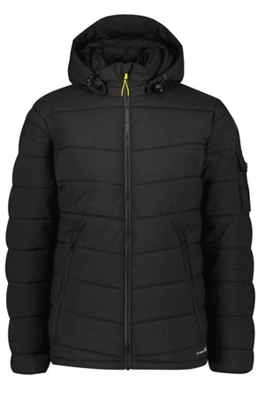 The Syzmik Streetworx Hooded Puffer Jacket blends style and functionality with a black quilted, water-resistant ripstop shell, diagonal zip pockets, a yellow pull tab on the front zipper, and a practical sleeve pocket, making it ideal for any weather.