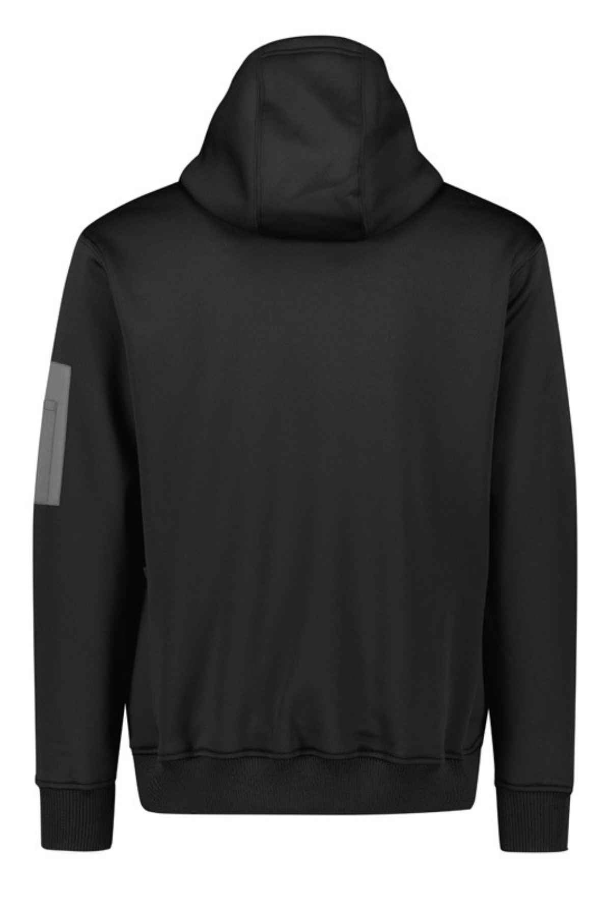 The Syzmik Water Resistant Hoodie is shown from the back, showcasing a plain design with a gray patch on the left sleeve. It features a drawstring hood, ribbed cuffs and hem, and is crafted with a durable ripstop shell for added resilience.